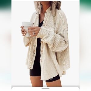 Women's Vintage Banded Collar Button Down Baggy Loose Fit Mid-Weight Frayed Waff